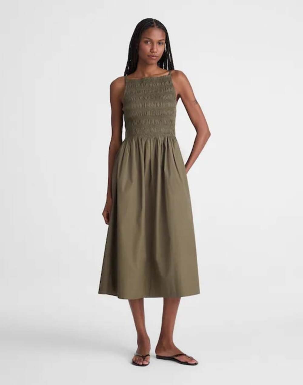 Madewell Smocked High-Neck Midi Dress Faded Ivy Green Cotton Minimalist S NWT